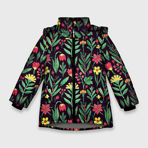 Зимняя куртка для девочки Цветочный акварельный паттерн / 3D-Светло-серый – фото 1