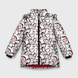 Зимняя куртка для девочки Бело-розовые цветы с черной обводкой
