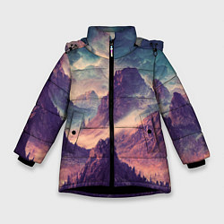 Куртка зимняя для девочки В горах Вечерний пейзаж, цвет: 3D-черный
