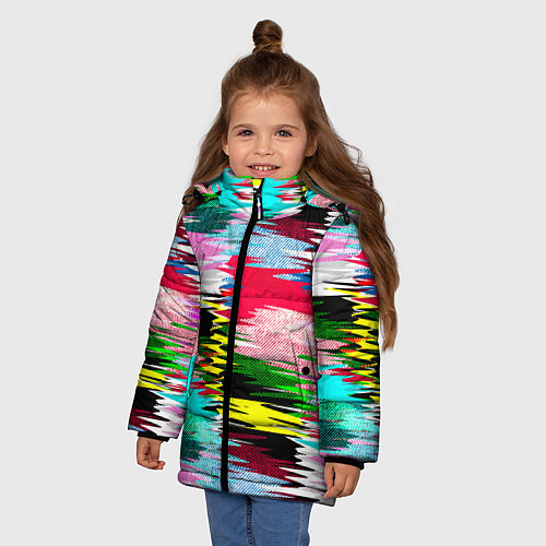 Зимняя куртка для девочки Абстрактный многоцветный неоновый узор / 3D-Черный – фото 3