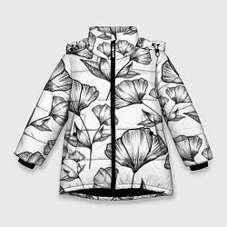 Куртка зимняя для девочки Графичные цветы на белом фоне, цвет: 3D-черный