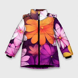Куртка зимняя для девочки Яркие фанстастические цветы, цвет: 3D-черный