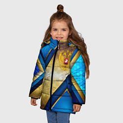 Куртка зимняя для девочки Золотой герб России на синем объемном фоне, цвет: 3D-светло-серый — фото 2