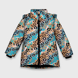Зимняя куртка для девочки Леопардовый узор на синих, бежевых диагональных по