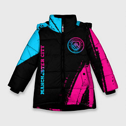 Куртка зимняя для девочки Manchester City - neon gradient: надпись, символ, цвет: 3D-черный