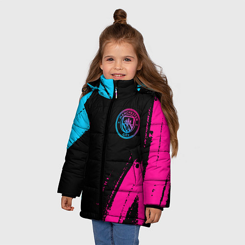 Зимняя куртка для девочки Manchester City - neon gradient: надпись, символ / 3D-Черный – фото 3