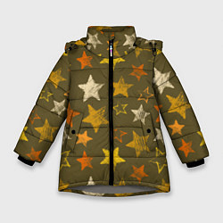 Куртка зимняя для девочки Желто-оранжевые звезды на зелнгом фоне, цвет: 3D-светло-серый