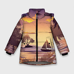 Зимняя куртка для девочки Лодка в море на закате возле тропических островов