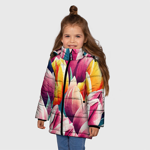 Зимняя куртка для девочки Букет акварельных тюльпанов / 3D-Черный – фото 3