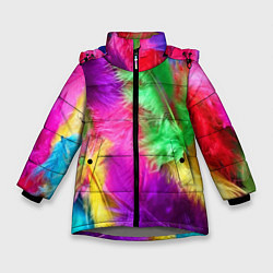Куртка зимняя для девочки Яркие разноцветные перья, цвет: 3D-светло-серый