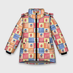 Куртка зимняя для девочки Геометрический узор Домики, цвет: 3D-светло-серый