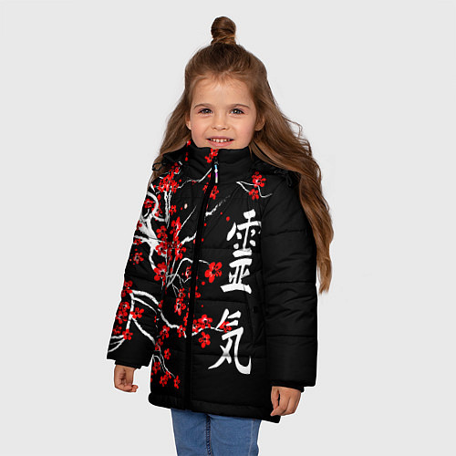Зимняя куртка для девочки Сакура в цвету / 3D-Черный – фото 3
