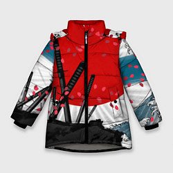 Куртка зимняя для девочки Солнце, волны и катаны, цвет: 3D-светло-серый