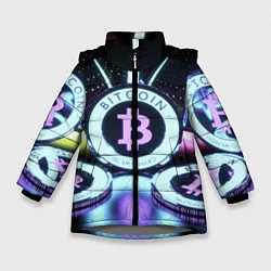 Куртка зимняя для девочки Неоновый светящийся биткоин, цвет: 3D-светло-серый