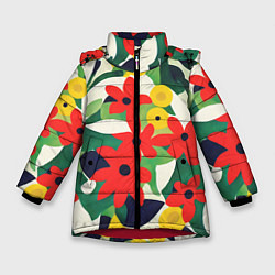 Куртка зимняя для девочки Цветочный яркий паттерн, цвет: 3D-красный