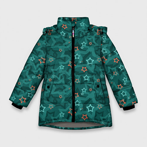 Зимняя куртка для девочки Темный бирюзовый узор со звездами / 3D-Светло-серый – фото 1