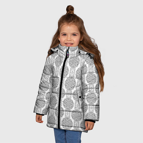 Зимняя куртка для девочки Бело -серый дамасский восточный узор / 3D-Черный – фото 3
