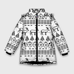Куртка зимняя для девочки Черно-белый узор с оленями, цвет: 3D-черный