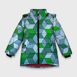 Зимняя куртка для девочки Зелёные и серые абстрактные кубы с оптической иллю