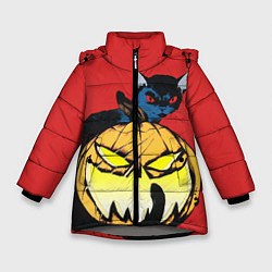 Куртка зимняя для девочки Halloween - тыква и кот, цвет: 3D-светло-серый