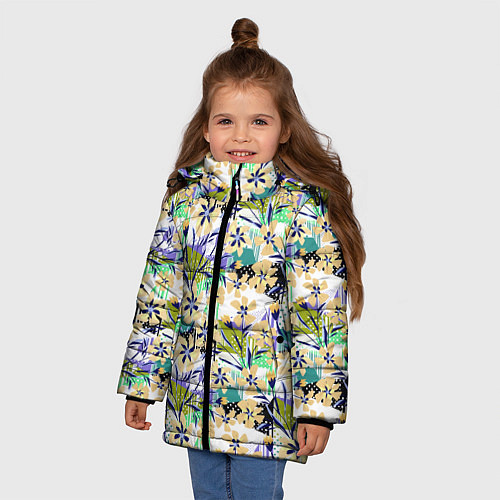 Зимняя куртка для девочки Цветочный узор на фоне в горошек / 3D-Черный – фото 3