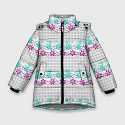 Зимняя куртка для девочки Цветочный узор бирюзово-розовый на сером клетчатом