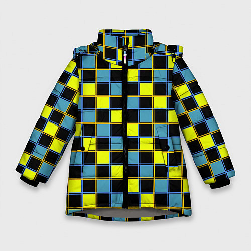 Зимняя куртка для девочки Желто-синий клетчатый яркий неоновый узор / 3D-Светло-серый – фото 1