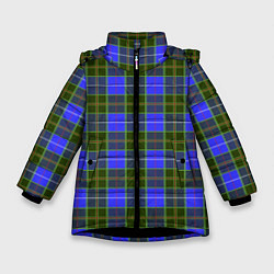 Куртка зимняя для девочки Ткань Шотландка сине-зелёная, цвет: 3D-черный