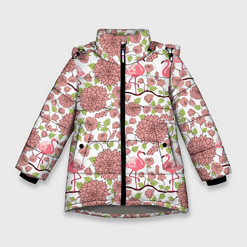 Зимняя куртка для девочки Фламинго и лотосы / 3D-Светло-серый – фото 1