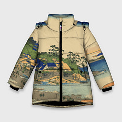 Куртка зимняя для девочки Японская гравюра с деревней, цвет: 3D-черный