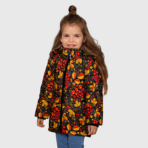 Зимняя куртка для девочки Красная рябина хохломой / 3D-Черный – фото 3