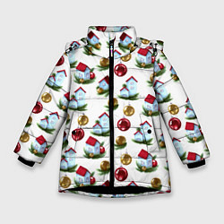 Куртка зимняя для девочки Новогодние домики на белом - паттерн, цвет: 3D-черный