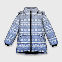 Зимняя куртка для девочки Белый скандинавский орнамент на серо-голубом фоне