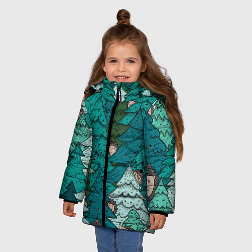 Зимняя куртка для девочки Ежи в еловом лесу / 3D-Светло-серый – фото 3