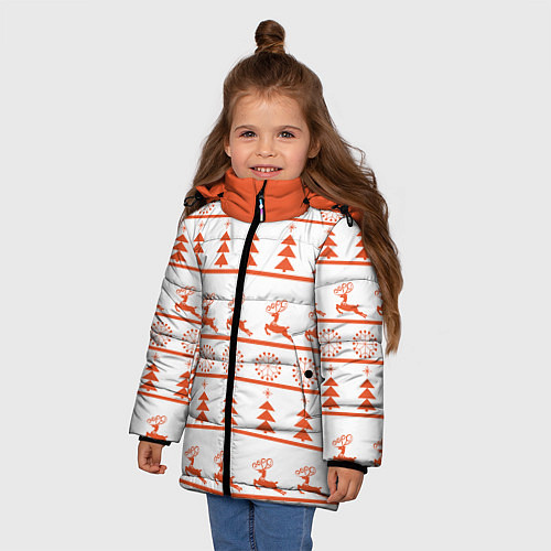 Зимняя куртка для девочки Красные олени и елочки / 3D-Красный – фото 3