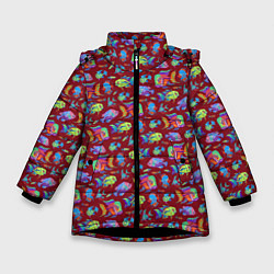 Куртка зимняя для девочки Тропические рыбки на бордовом, цвет: 3D-черный
