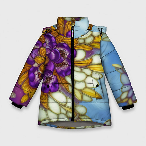 Зимняя куртка для девочки Фиалковый букет стеклянный узор / 3D-Светло-серый – фото 1