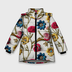 Куртка зимняя для девочки Эффект вышивка летний узор, цвет: 3D-светло-серый