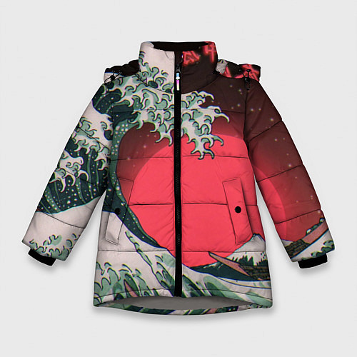 Зимняя куртка для девочки Японская волна в красном цвете / 3D-Светло-серый – фото 1