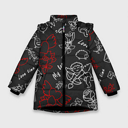 Куртка зимняя для девочки Летающие сердца купидоны розы на черном фоне, цвет: 3D-черный