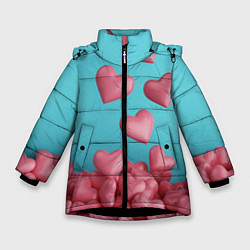 Куртка зимняя для девочки Россыпь сердец на день святого валентина, цвет: 3D-черный