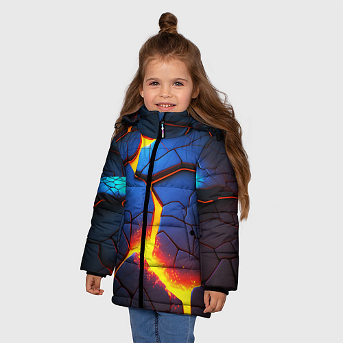 Зимняя куртка для девочки Яркая неоновая лава, разломы / 3D-Черный – фото 3