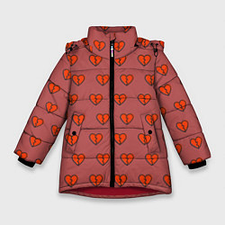 Зимняя куртка для девочки Разбитые сердца на бордовом фоне