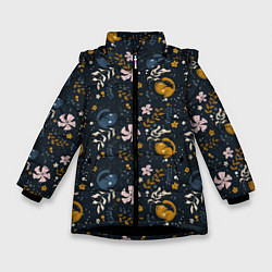 Куртка зимняя для девочки Растительный паттерн с котиками, цвет: 3D-черный
