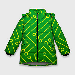 Куртка зимняя для девочки Технический зелёный паттерн с жёлтыми лучами, цвет: 3D-светло-серый
