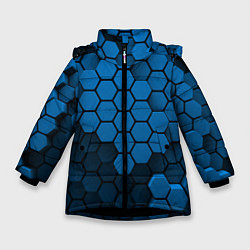 Куртка зимняя для девочки Голубые соты абстракция, цвет: 3D-черный