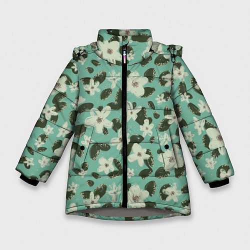 Зимняя куртка для девочки Абстрактные цветы на мятном фоне / 3D-Светло-серый – фото 1