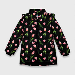 Зимняя куртка для девочки Тюльпаны и сердечки на черном - паттерн