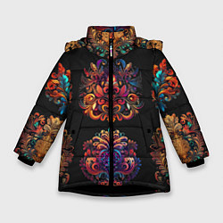Куртка зимняя для девочки Русские орнаменты неон, цвет: 3D-черный