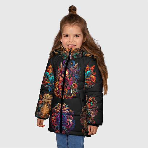 Зимняя куртка для девочки Русские орнаменты неон / 3D-Черный – фото 3